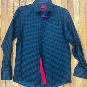 Men’s Bespoke Dark Blue Checkered Dress Shirt Large